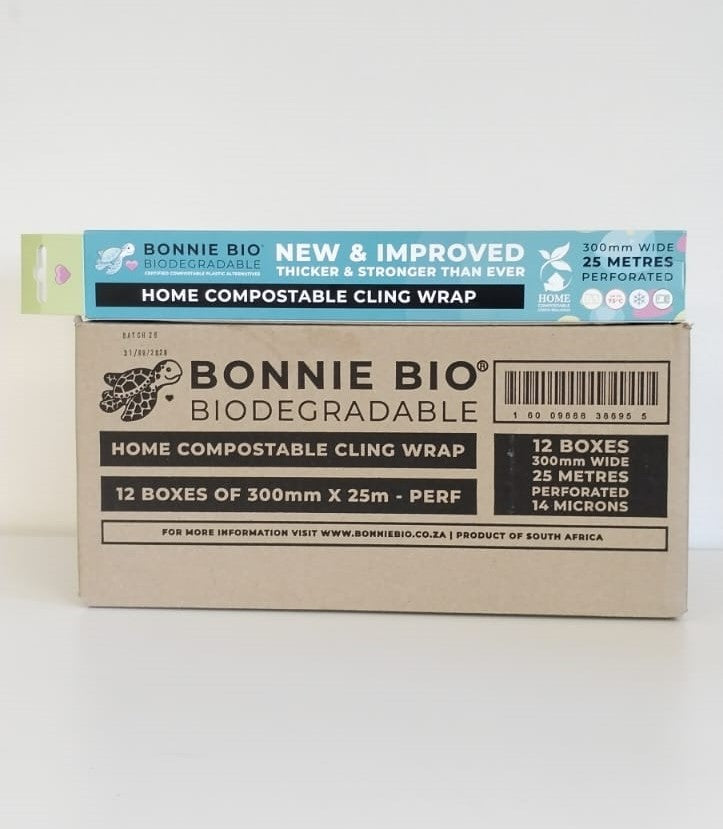12-box carton of Bonnie Bio Home Compostable Cling Wrap, 300mm x 25m perforated rolls