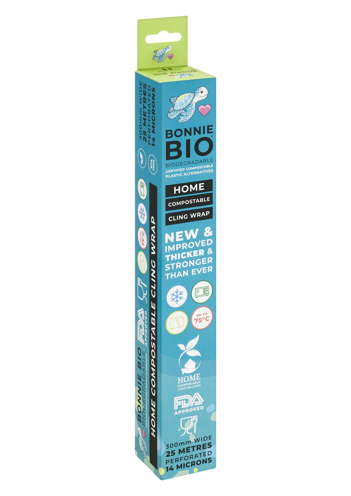 Bonnie Bio Home Compostable Cling Wrap box, angled view, 300mm x 25 m perforated